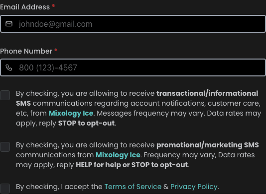 Cart page showing SMS consent checkboxes