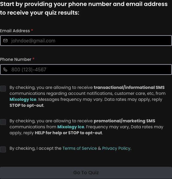 Quiz credentials page showing SMS consent checkboxes
